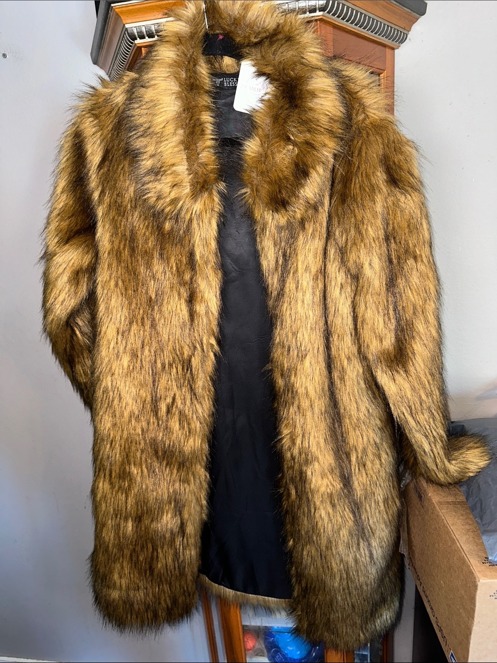 Faux Fur Teddy Jacket in Golden Brown and Black